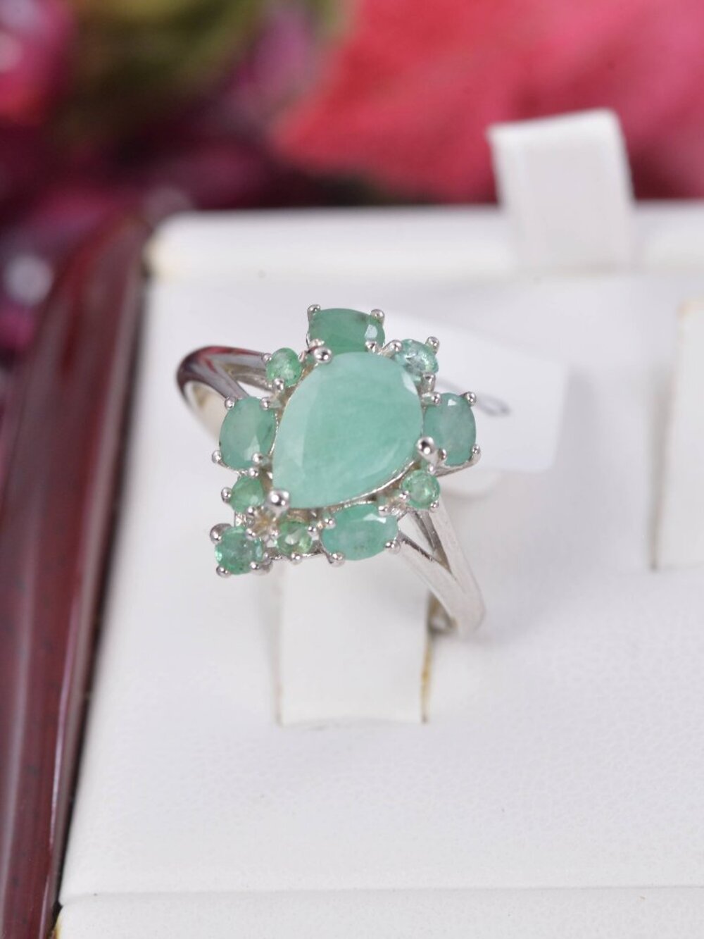 Natural Emerald Pear Cut Ring Real 925 Sterling Silver sz 8